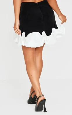 Petite Black Velvet Ruffle Detail Asymmetric Mini Skirt