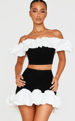 Petite Black Velvet Ruffle Detail Asymmetric Mini Skirt