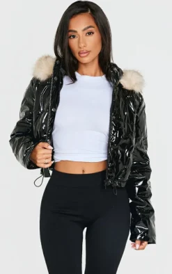 Petite Black Vinyl Faux Fur Hood Puffer Jacket
