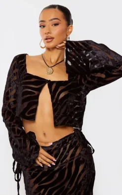 Petite Black Zebra Print Devore Button Front Crop Top