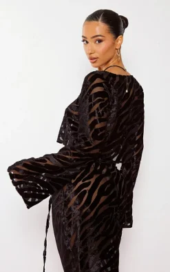 Petite Black Zebra Print Devore Button Front Crop Top