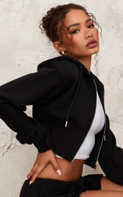 Petite Black Zip Up Cropped Hoodie