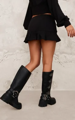 Petite Black Zip Up Frill Detail Mini Skirt