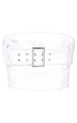 Petite Bleach Wash Buckle Detail Denim Mini Bandeau Top