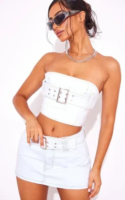 Petite Bleach Wash Buckle Detail Denim Mini Skirt