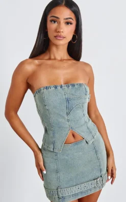 Petite Bleach Wash Denim Bandeau Longline Corset
