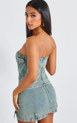 Petite Bleach Wash Denim Bandeau Longline Corset