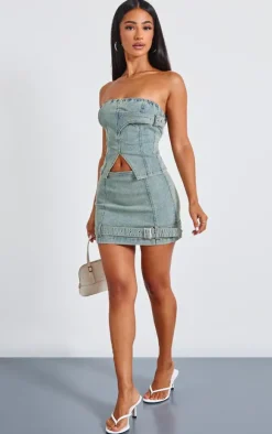 Petite Bleach Wash Denim Bandeau Longline Corset