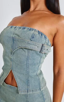 Petite Bleach Wash Denim Bandeau Longline Corset