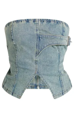 Petite Bleach Wash Denim Bandeau Longline Corset