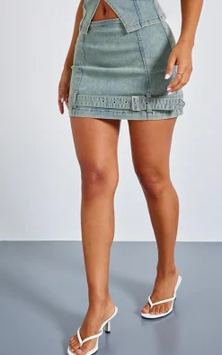 Petite Bleach Wash Denim Belted Micro Mini Skirt