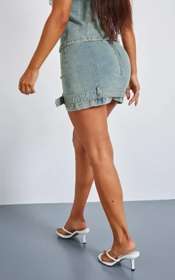 Petite Bleach Wash Denim Belted Micro Mini Skirt