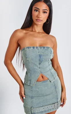 Petite Bleach Wash Denim Belted Micro Mini Skirt