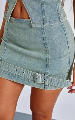 Petite Bleach Wash Denim Belted Micro Mini Skirt