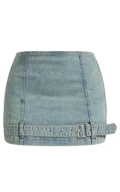 Petite Bleach Wash Denim Belted Micro Mini Skirt