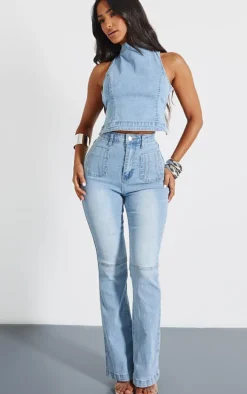 Petite Bleach Wash Denim Fitted Flared Jeans