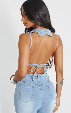 Petite Bleach Wash Denim Backless Top