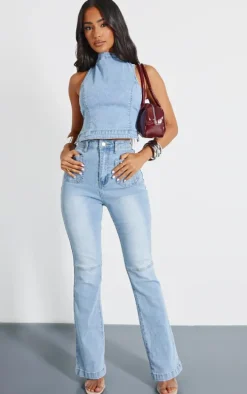 Petite Bleach Wash Denim Backless Top