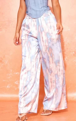 Petite Blue Abstract Print Low Rise Satin Pants