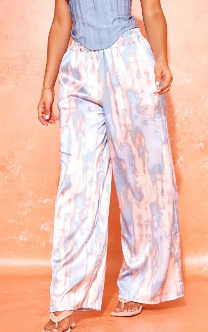 Petite Blue Abstract Print Low Rise Satin Pants
