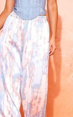 Petite Blue Abstract Print Low Rise Satin Pants