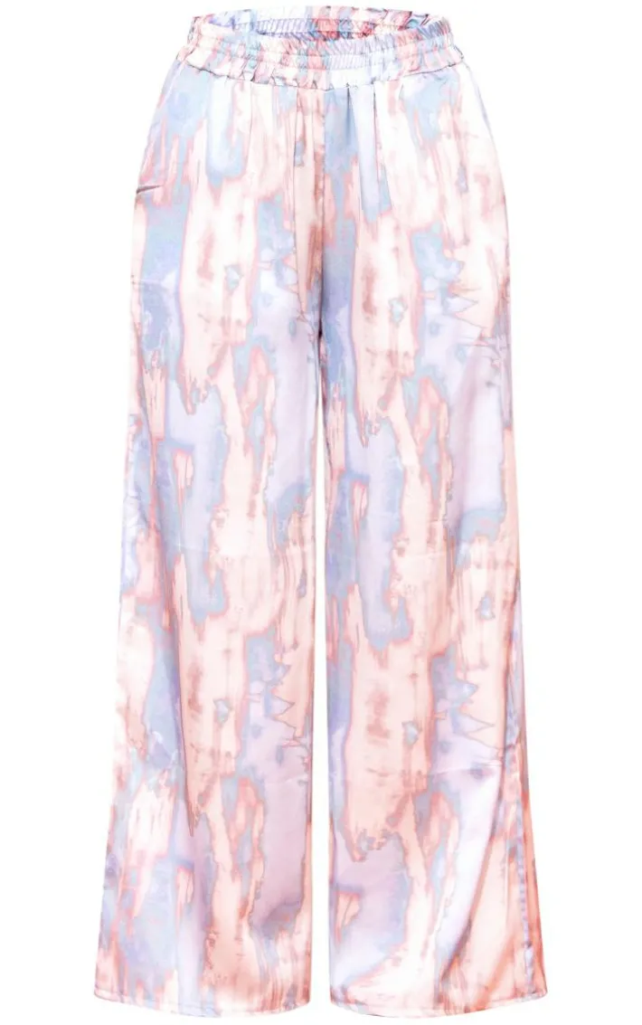 Petite Blue Abstract Print Low Rise Satin Pants