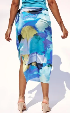 Petite Blue Abstract Print Satin Drape Midaxi Skirt