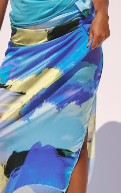 Petite Blue Abstract Print Satin Drape Midaxi Skirt