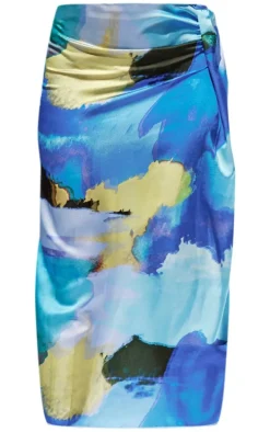 Petite Blue Abstract Print Satin Drape Midaxi Skirt