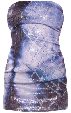 Petite Blue Body Print Sequin Bandeau Mini Dress