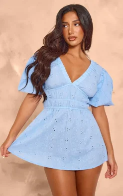 Petite Blue Broderie Puff Sleeve Tie Back Shift Dress