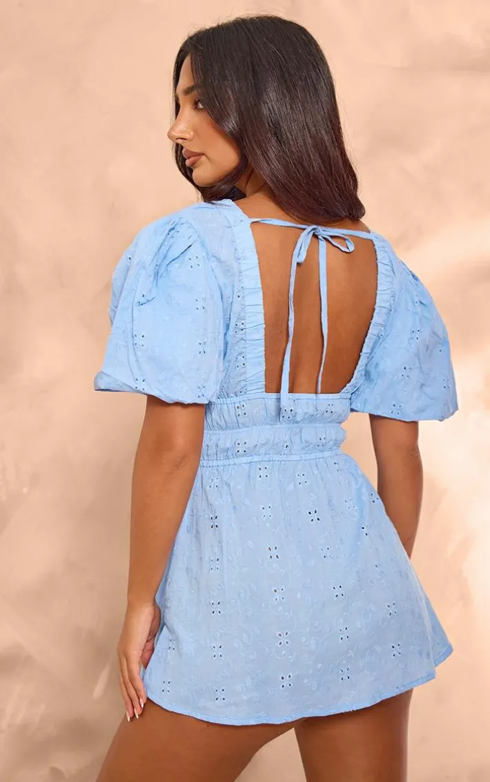 Petite Blue Broderie Puff Sleeve Tie Back Shift Dress