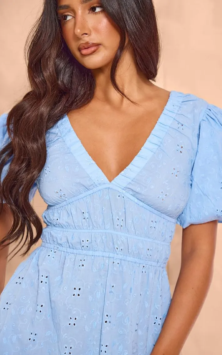 Petite Blue Broderie Puff Sleeve Tie Back Shift Dress