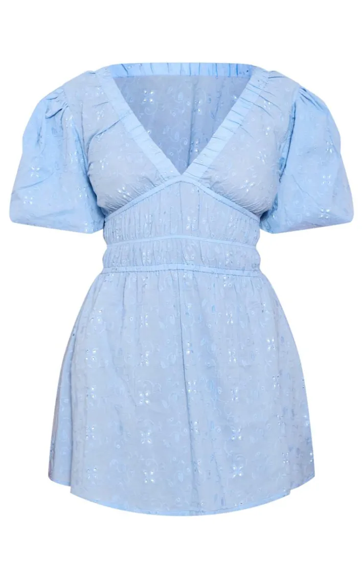 Petite Blue Broderie Puff Sleeve Tie Back Shift Dress