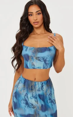 Petite Blue Butterfly Print Plisse Strappy Cowl Neck Top