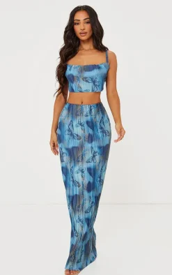 Petite Blue Butterfly Print Plisse Strappy Cowl Neck Top