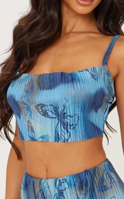 Petite Blue Butterfly Print Plisse Strappy Cowl Neck Top