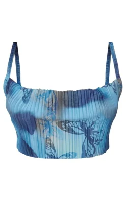 Petite Blue Butterfly Print Plisse Strappy Cowl Neck Top