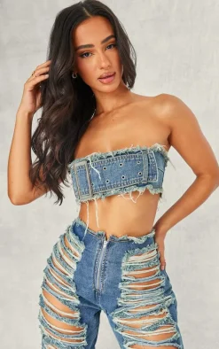Petite Blue Denim Bandeau Belted Extreme Crop Top