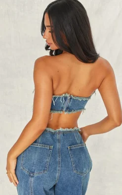 Petite Blue Denim Bandeau Belted Extreme Crop Top