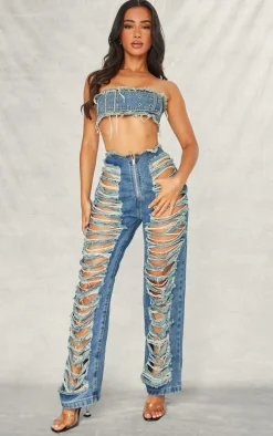 Petite Blue Denim Bandeau Belted Extreme Crop Top