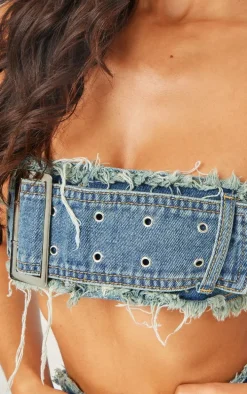 Petite Blue Denim Bandeau Belted Extreme Crop Top