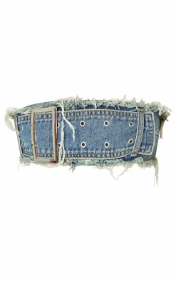 Petite Blue Denim Bandeau Belted Extreme Crop Top