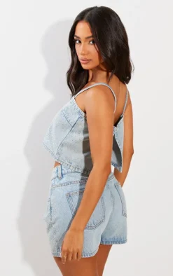 Petite Blue Denim Diamante Crop Top
