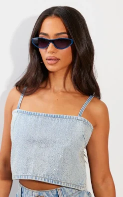 Petite Blue Denim Diamante Crop Top