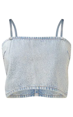 Petite Blue Denim Diamante Crop Top