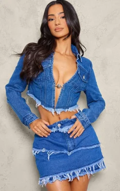 Petite Blue Denim Frayed Mini Skirt