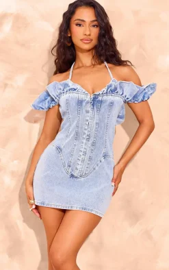 Petite Blue Denim Halterneck Frill Detail Mini Dress