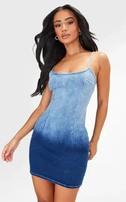 Petite Blue Denim Strappy Bodycon Dress