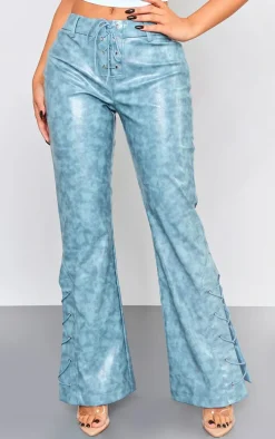Petite Blue Faux Leather Lace Up Straight Leg Pants